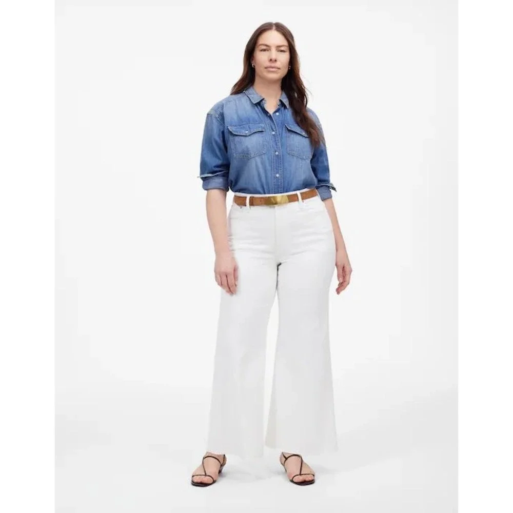 Madewell Flared Wide Leg Jeans Women's Size 33 White Denim Raw Hem - Picture 1 of 8